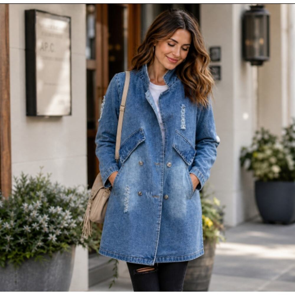 Women's Distressed Denim Trench Coat - Size 6 - Long Jean Jacket